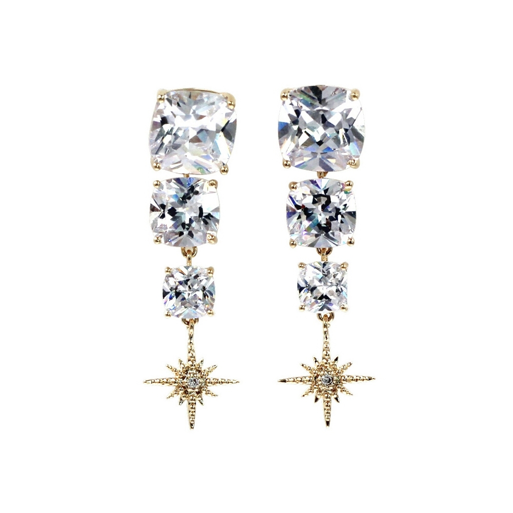 Gold square crystal pendant earrings - Picture 3 of 3